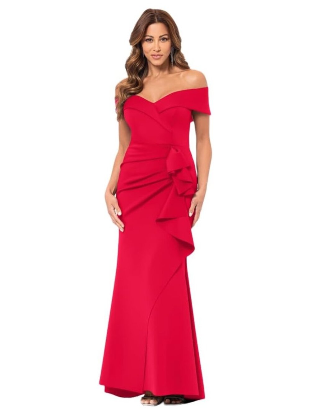 XSCAPE Red Off Shoulder Ruffle Formal Evening Gown Dress Size 14W